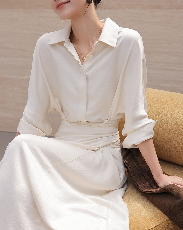 Beige Viscose Shirt Dress - Elegant Long Sleeve Design