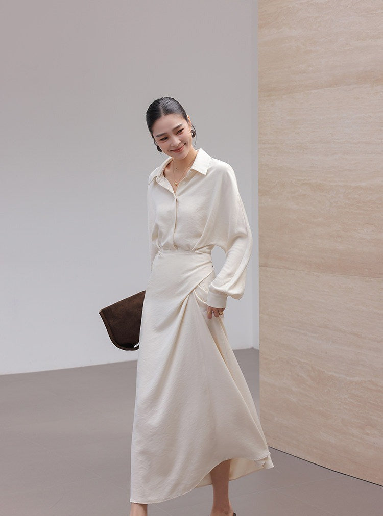 Beige Viscose Shirt Dress - Elegant Long Sleeve Design