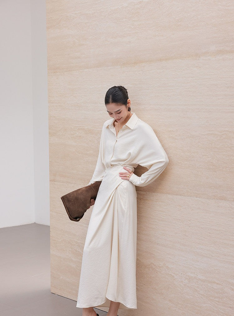 Beige Viscose Shirt Dress - Elegant Long Sleeve Design