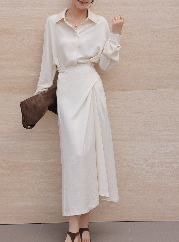 Beige Viscose Shirt Dress - Elegant Long Sleeve Design