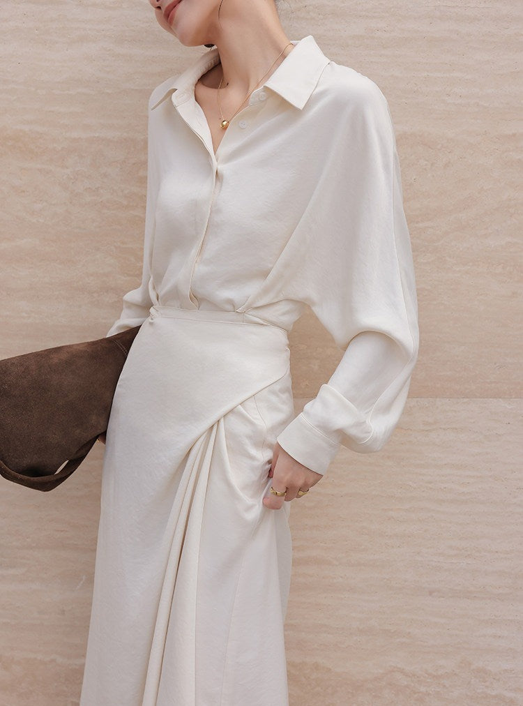 Beige Viscose Shirt Dress - Elegant Long Sleeve Design