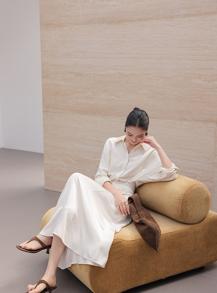 Beige Viscose Shirt Dress - Elegant Long Sleeve Design