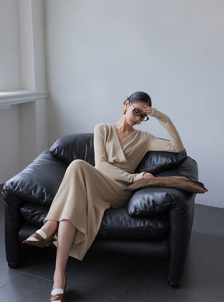 Polyester Cotton Spandex Long Sleeve V-Neck Dress
