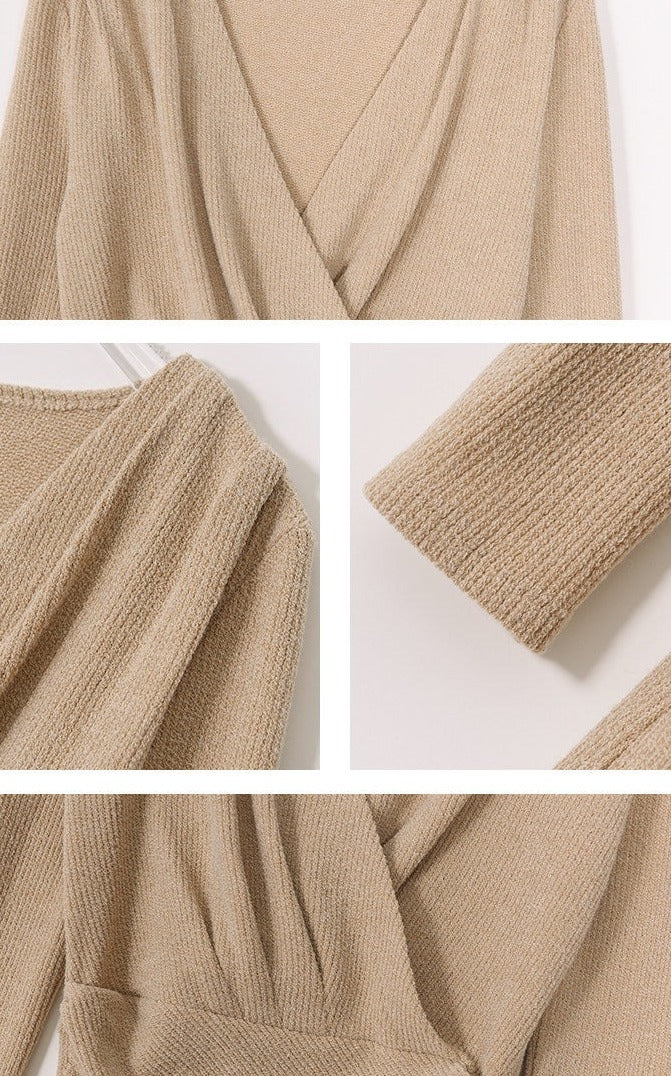 Polyester Cotton Spandex Long Sleeve V-Neck Dress