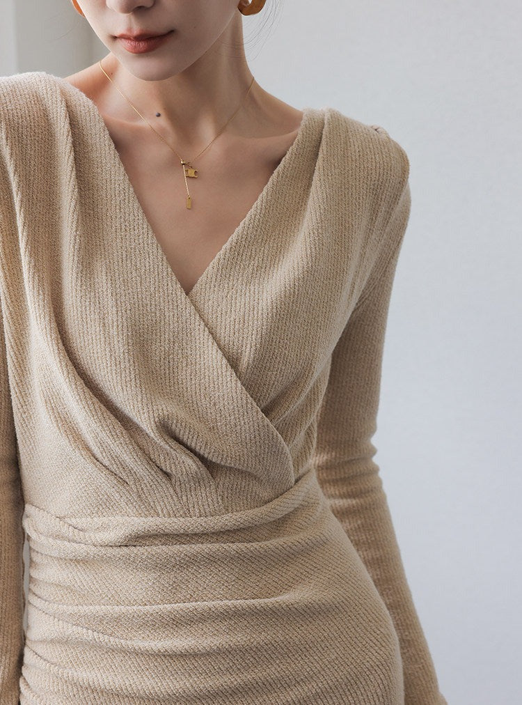 Polyester Cotton Spandex Long Sleeve V-Neck Dress