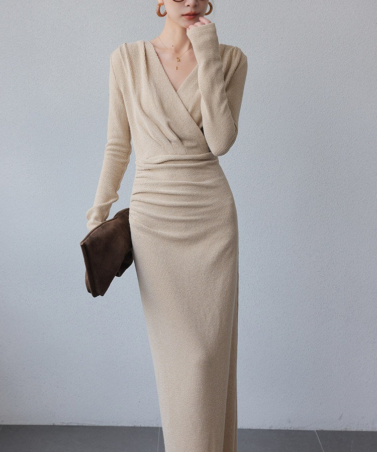 Polyester Cotton Spandex Long Sleeve V-Neck Dress