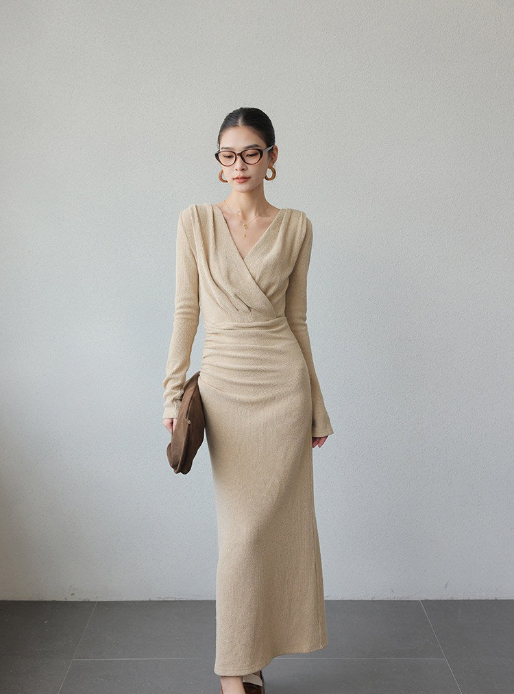 Polyester Cotton Spandex Long Sleeve V-Neck Dress