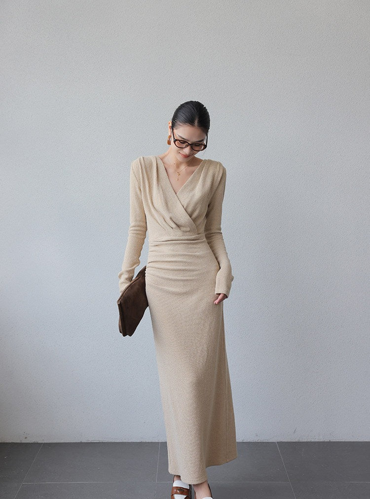 Polyester Cotton Spandex Long Sleeve V-Neck Dress