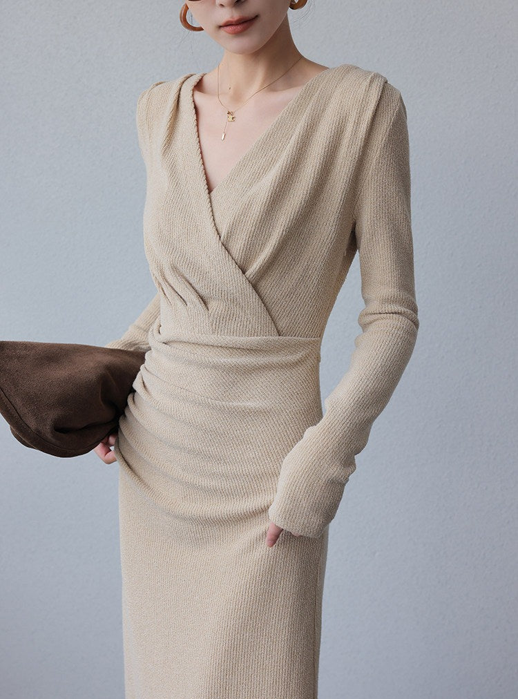Polyester Cotton Spandex Long Sleeve V-Neck Dress