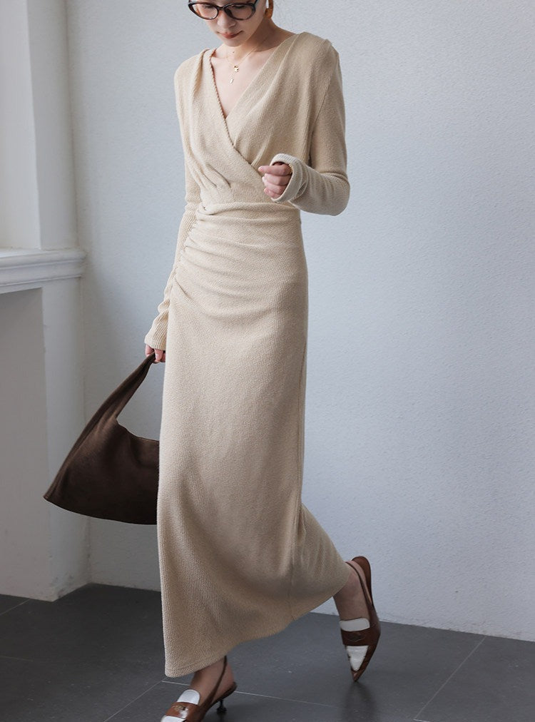 Polyester Cotton Spandex Long Sleeve V-Neck Dress