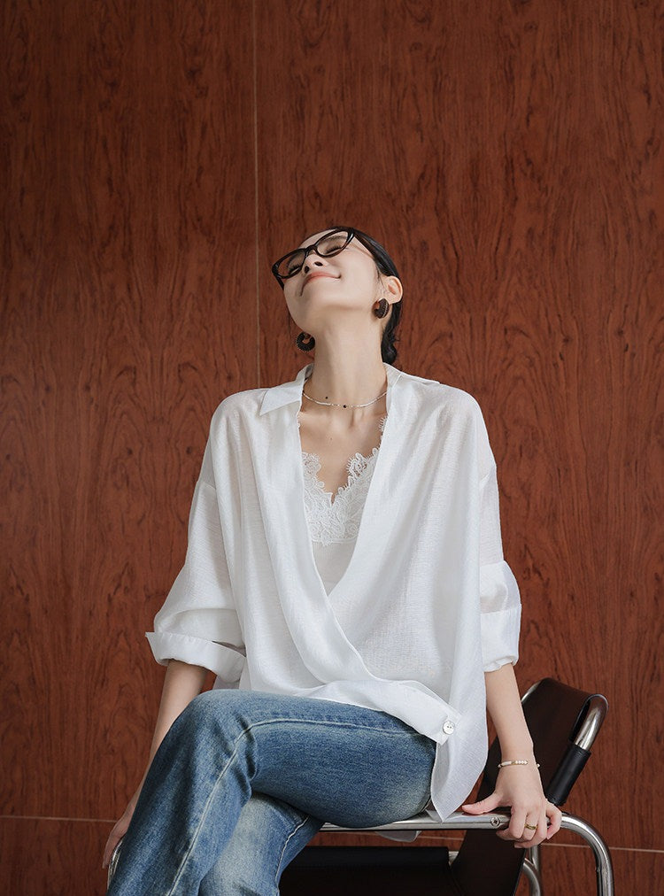 Cotton Two-Piece Set - Long Sleeve Shirt and Lace Camisole