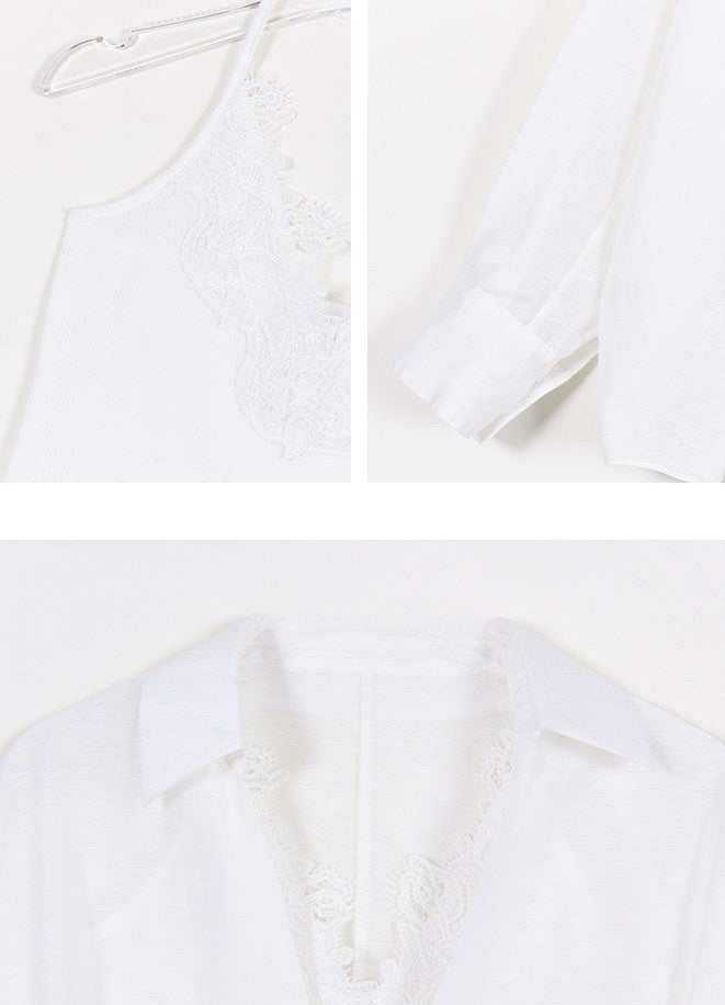 Cotton Two-Piece Set - Long Sleeve Shirt and Lace Camisole