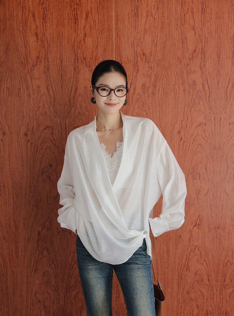 Cotton Two-Piece Set - Long Sleeve Shirt and Lace Camisole