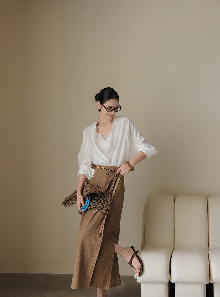 Cotton Two-Piece Set - Long Sleeve Shirt and Lace Camisole