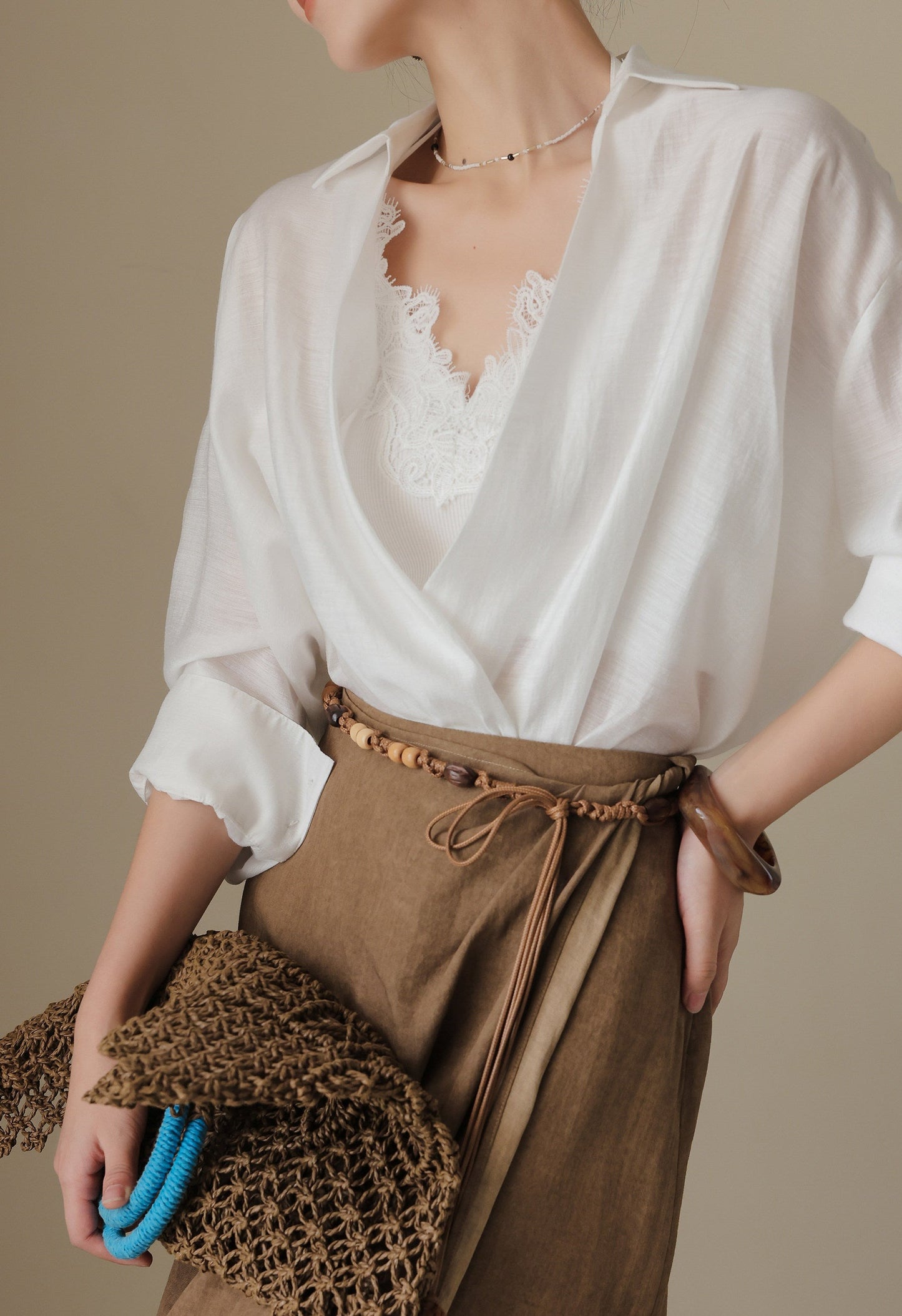 Cotton Two-Piece Set - Long Sleeve Shirt and Lace Camisole