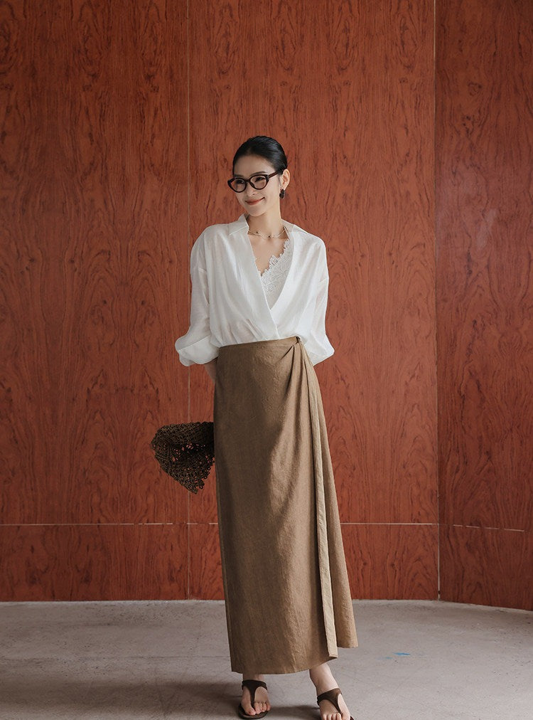 Cotton Two-Piece Set - Long Sleeve Shirt and Lace Camisole