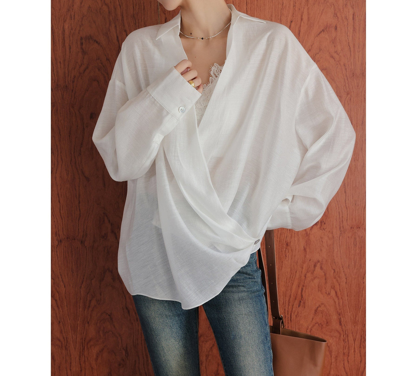 Cotton Two-Piece Set - Long Sleeve Shirt and Lace Camisole