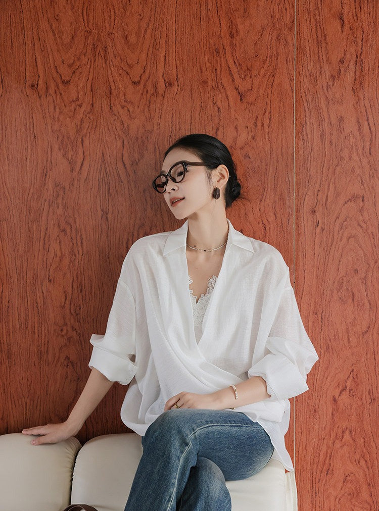 Cotton Two-Piece Set - Long Sleeve Shirt and Lace Camisole