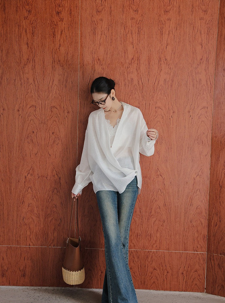 Cotton Two-Piece Set - Long Sleeve Shirt and Lace Camisole