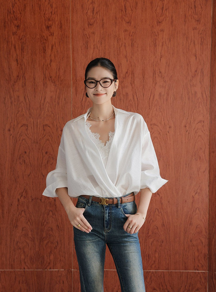 Cotton Two-Piece Set - Long Sleeve Shirt and Lace Camisole