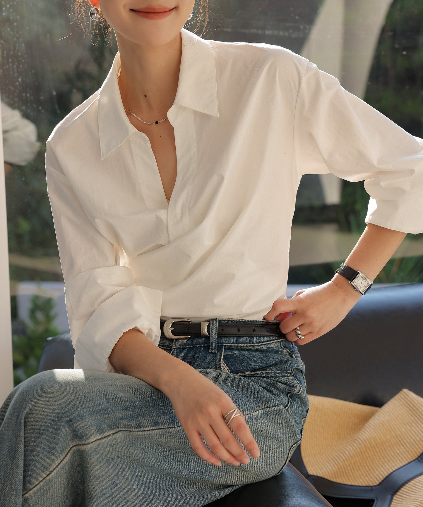 Cotton Long Sleeve Pleated Shirt - Elegant Beige
