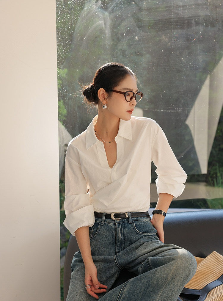 Cotton Long Sleeve Pleated Shirt - Elegant Beige