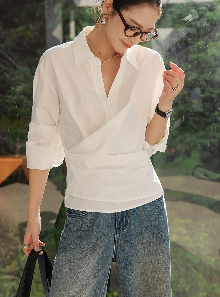 Cotton Long Sleeve Pleated Shirt - Elegant Beige