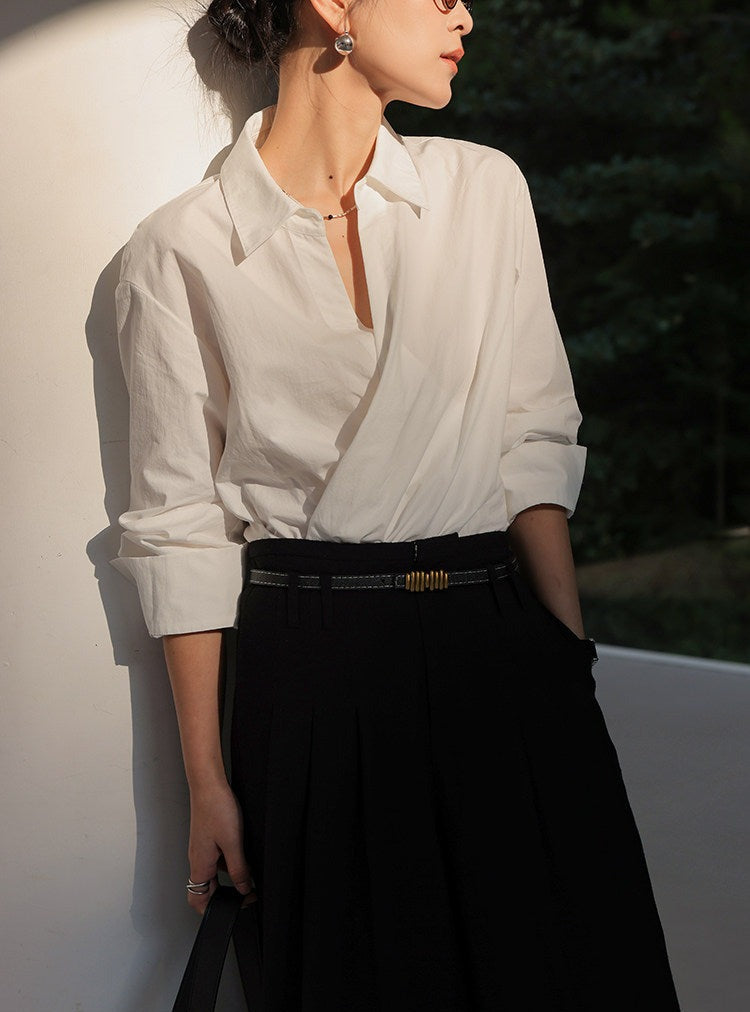 Cotton Long Sleeve Pleated Shirt - Elegant Beige