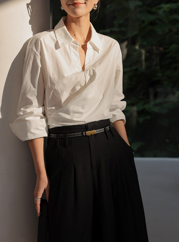 Cotton Long Sleeve Pleated Shirt - Elegant Beige
