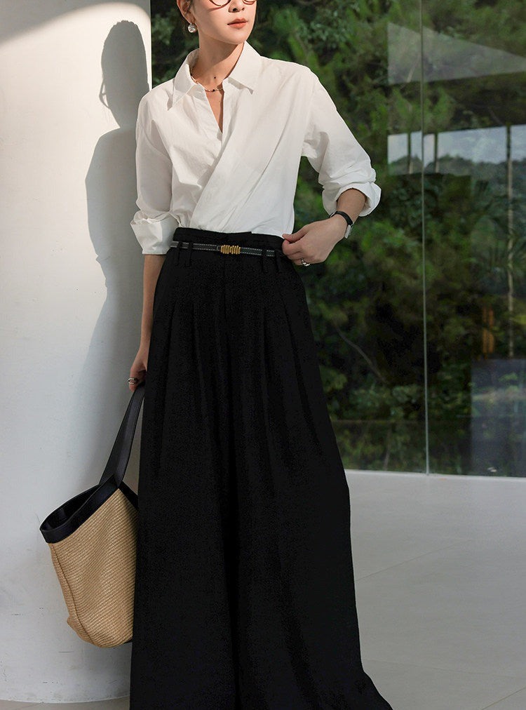 Cotton Long Sleeve Pleated Shirt - Elegant Beige