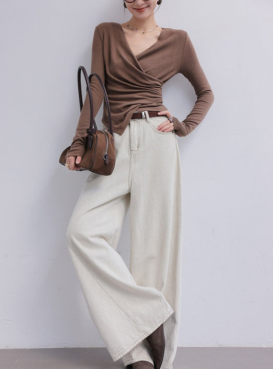 Kaos V-Neck Lengan Panjang Pleated Viscose