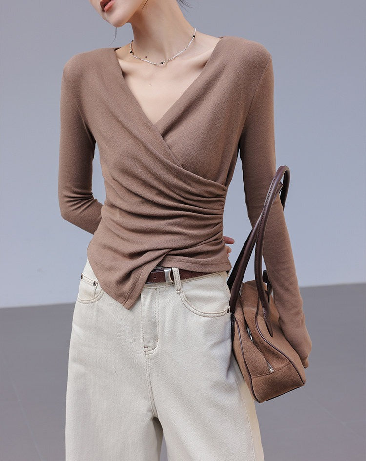 Kaos V-Neck Lengan Panjang Pleated Viscose