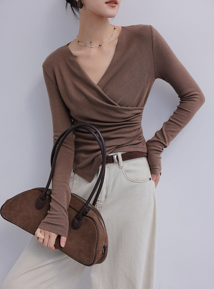 Kaos V-Neck Lengan Panjang Pleated Viscose