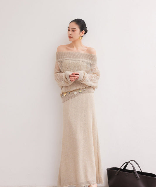 Set Atasan dan Rok Rajut Beludru Off-Shoulder