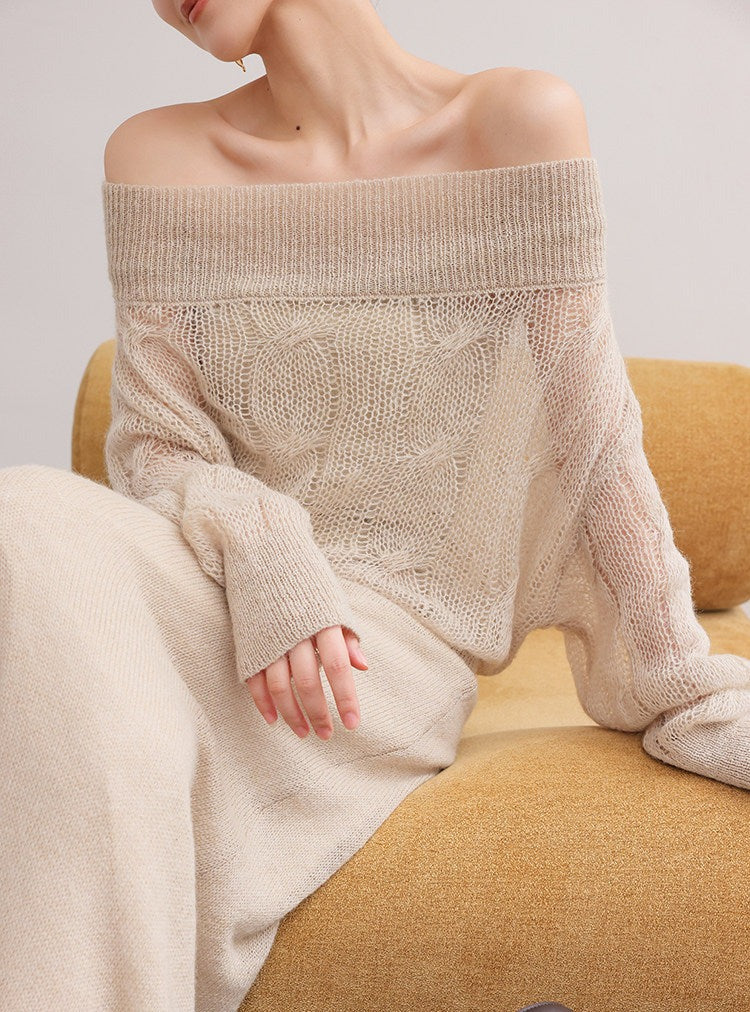 Set Atasan dan Rok Rajut Beludru Off-Shoulder