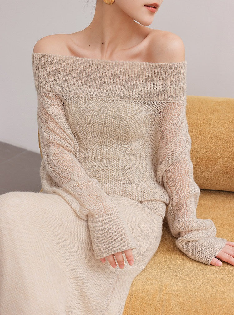 Set Atasan dan Rok Rajut Beludru Off-Shoulder