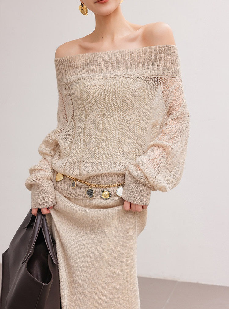 Set Atasan dan Rok Rajut Beludru Off-Shoulder