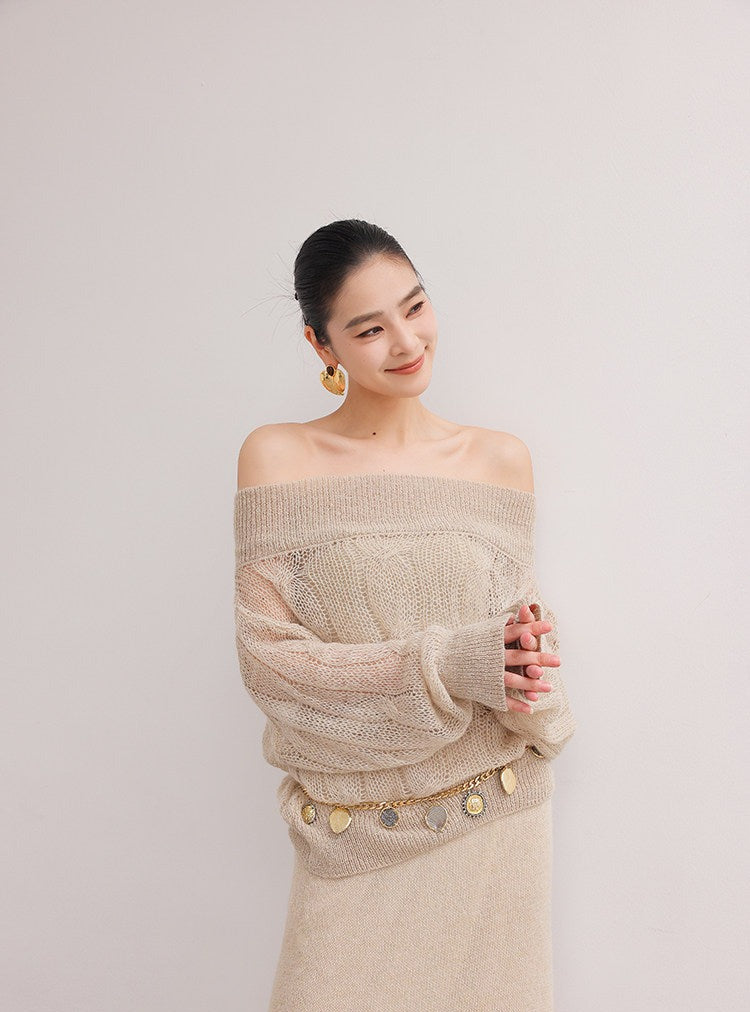 Set Atasan dan Rok Rajut Beludru Off-Shoulder