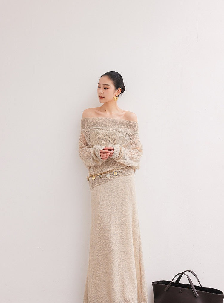 Set Atasan dan Rok Rajut Beludru Off-Shoulder