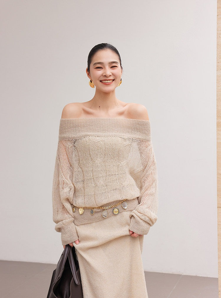 Set Atasan dan Rok Rajut Beludru Off-Shoulder