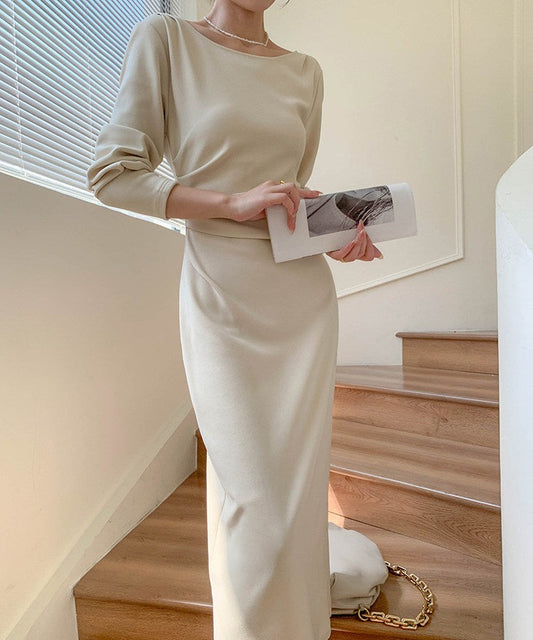 Gaun Lengan Panjang Beige - Gaya Elegan Pinggang Tinggi
