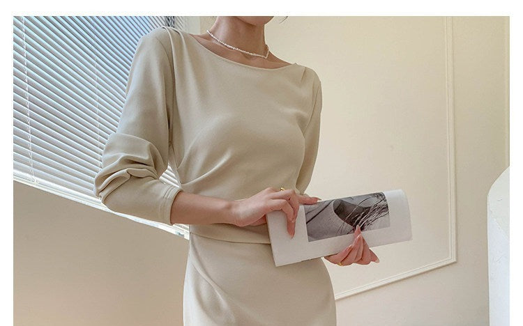Gaun Lengan Panjang Beige - Gaya Elegan Pinggang Tinggi
