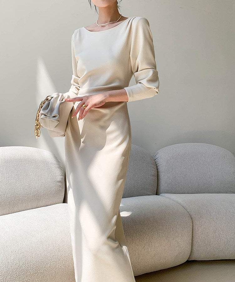 Gaun Lengan Panjang Beige - Gaya Elegan Pinggang Tinggi