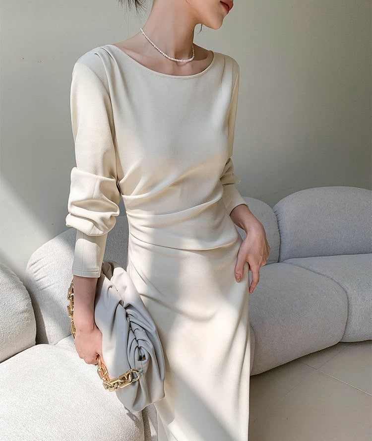 Gaun Lengan Panjang Beige - Gaya Elegan Pinggang Tinggi