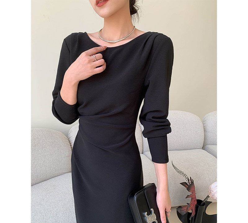 Gaun Lengan Panjang Beige - Gaya Elegan Pinggang Tinggi