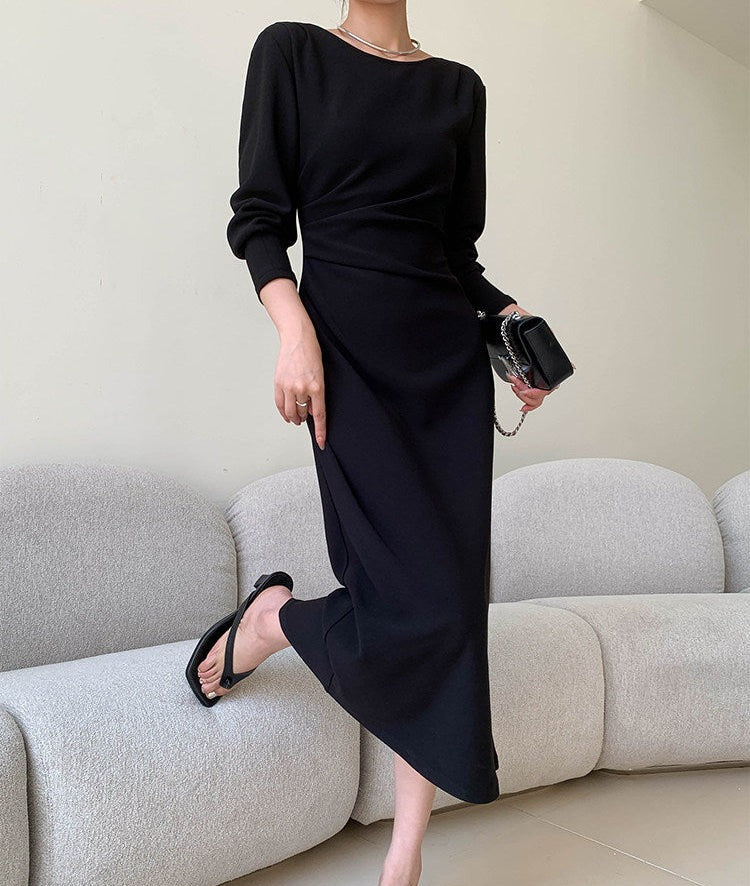 Gaun Lengan Panjang Beige - Gaya Elegan Pinggang Tinggi