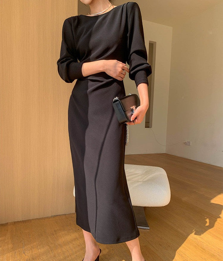 Gaun Lengan Panjang Beige - Gaya Elegan Pinggang Tinggi