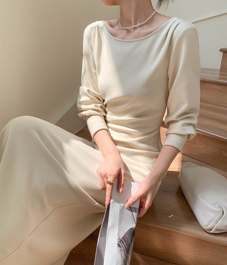 Gaun Lengan Panjang Beige - Gaya Elegan Pinggang Tinggi