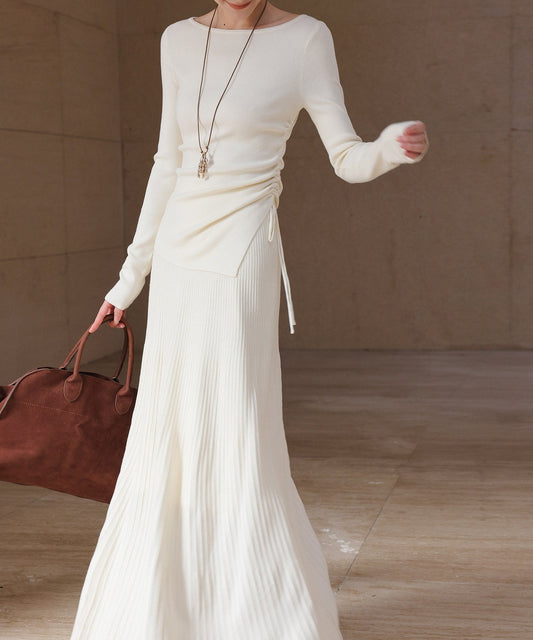 Set Atasan dan Rok Viskosa Rajut - Beige Elegan