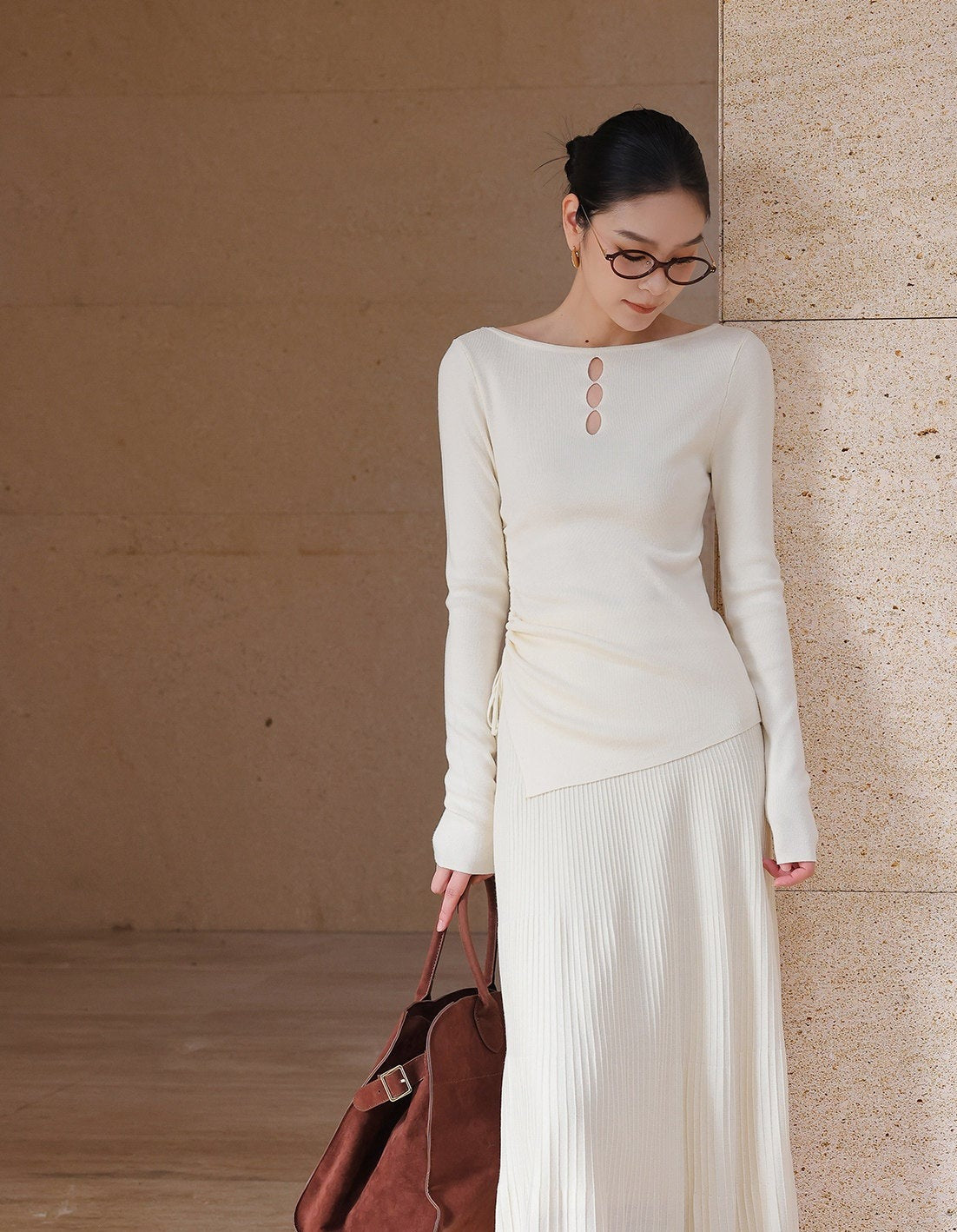 Knitted Viscose Top and Skirt Set - Elegant Beige